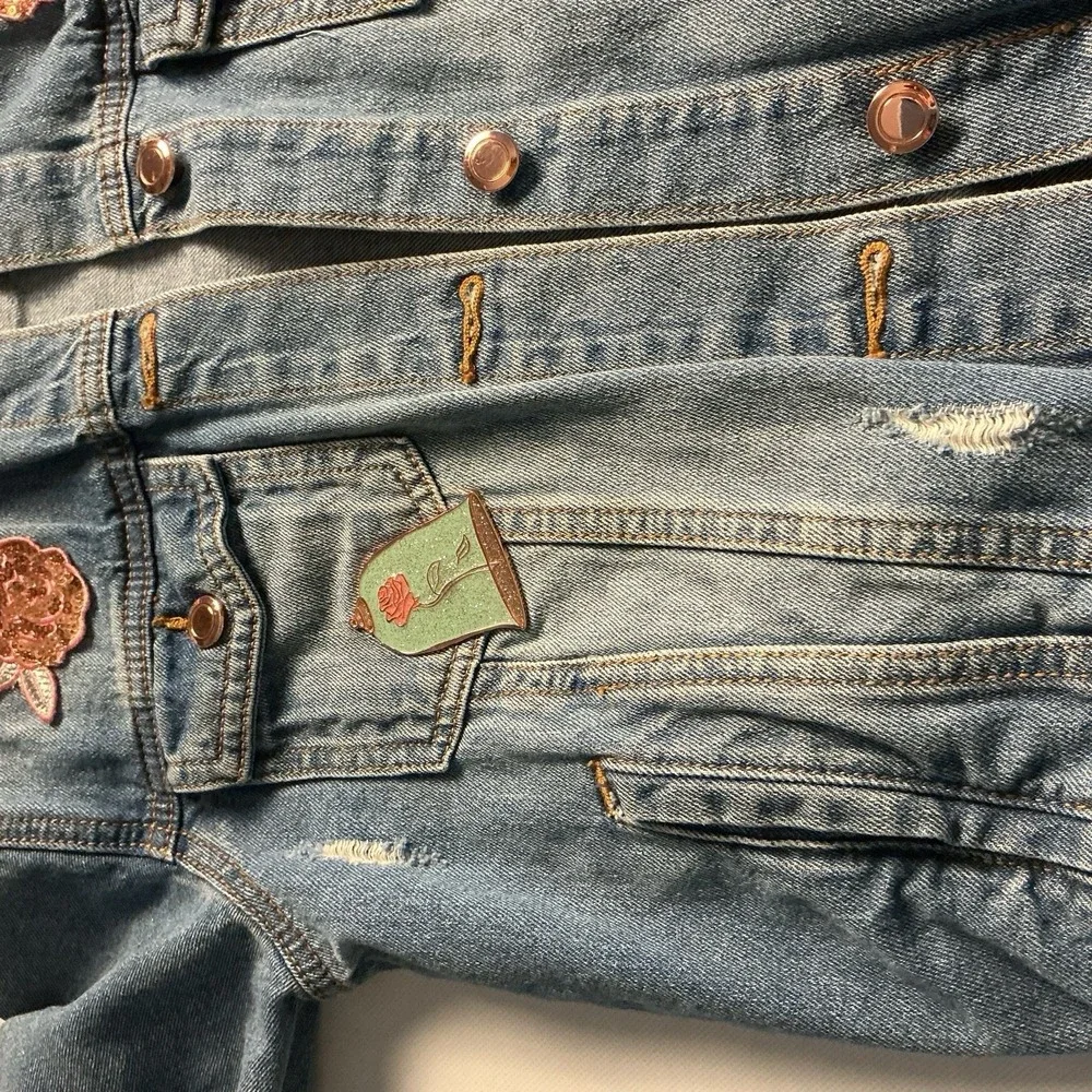 Disney Belle Beauty & The Beast Girls Distressed Denim Jacket 11-12 Sequins